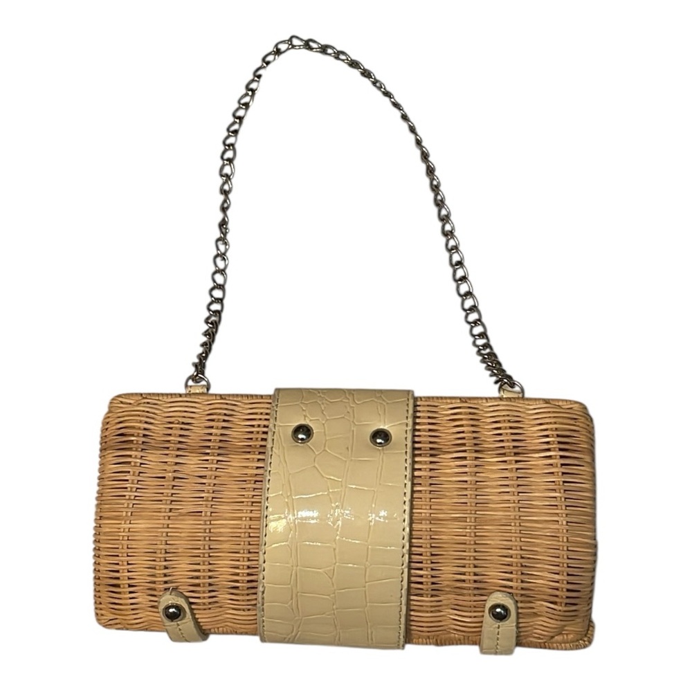 Tan and Cream Mini basket Bag with Chain Strap. Ivory and silver finishings - Picture 7 of 12